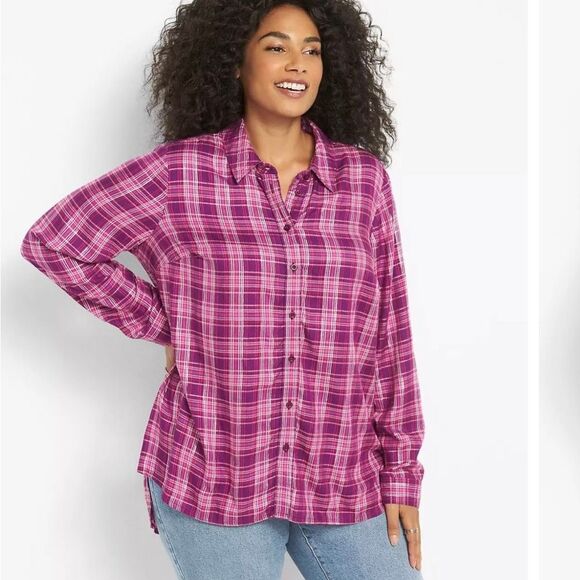 Lane Bryant Size 20 Pink Plaid‎ No-Peek Boyfriend Shirt - Picture 2 of 7